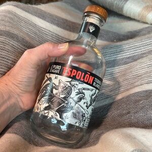 Empty Espolon Tequila Blanco glass bottle for crating repurpose wooden stopper